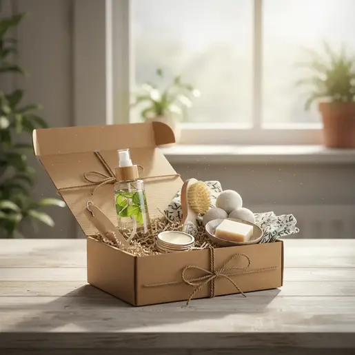 Beautifully arranged eco-friendly home care starter kit box bathed in bright morning sunlight