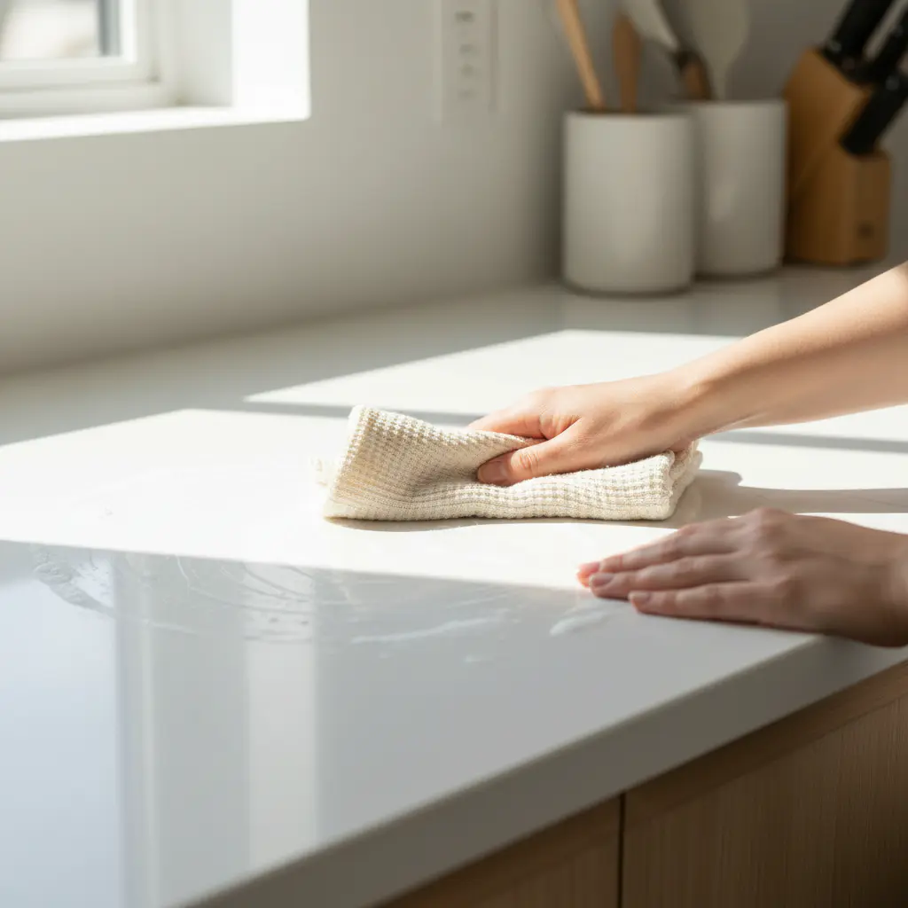 Hands wiping a bright white kitchen counter using a natural cloth